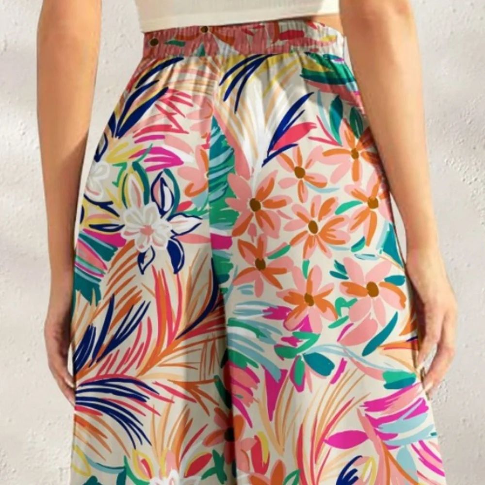 Tropical Leaf Print Wide-Leg Pants - Sherbet - Picture 2 of 4